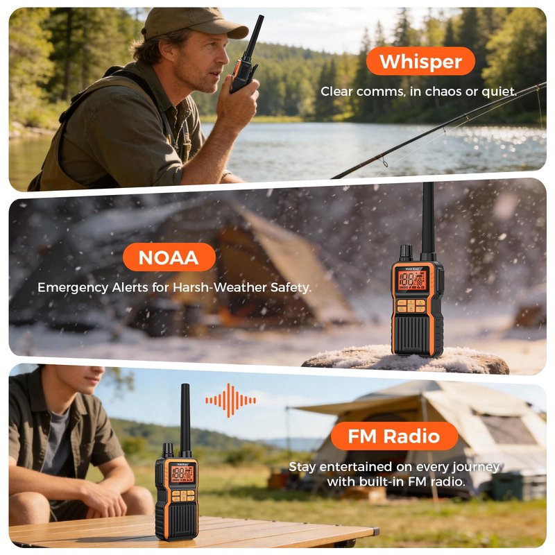 Midd Kacy Walkie Talkies Long Range, 60 Channel GMRS Portable Hunting Waterproof 2 Way Radio with 121 Privacy Codes, SOS, NOAA Weather Alerts, VOXChannel Scanning, 2 Pack (Black/Orange)