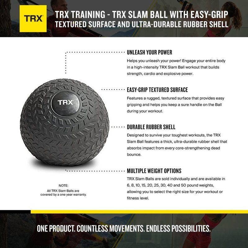 TRX Training Slam Ball Weighted Textured Tread Slip Resistant Rubber Ball for High Intensity Full Body Workouts and Indoor or Outdoor Training (30)