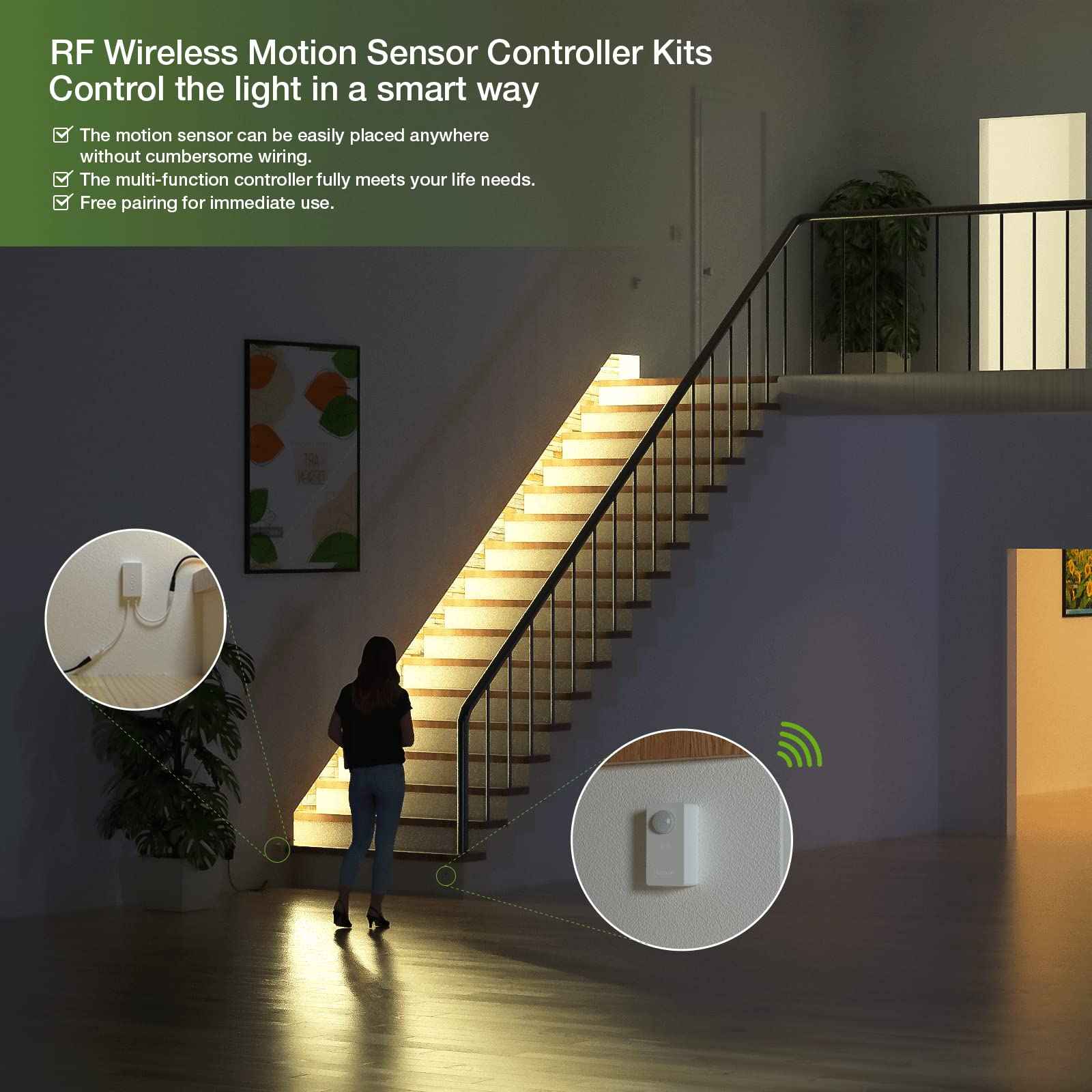 RAYZEEK Wireless Motion Sensor Controller Kit - No Wiring Mini PIR Sensor Switch 12/24VDC RF Wireless Control Led Strip Lights with Dimmable, Timer for Stairway