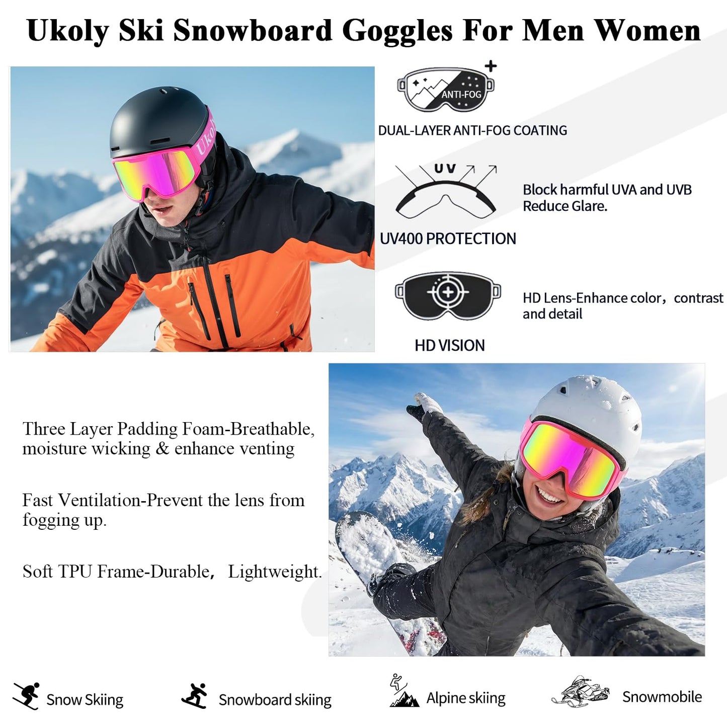 Ukoly Ski/Snowboard Goggles for Men Women, Snow Goggles HD Lens Anti-Fog Coating OTG Design UV400 Protection Windproof (Pink Frame Revo Pink HD Lens)
