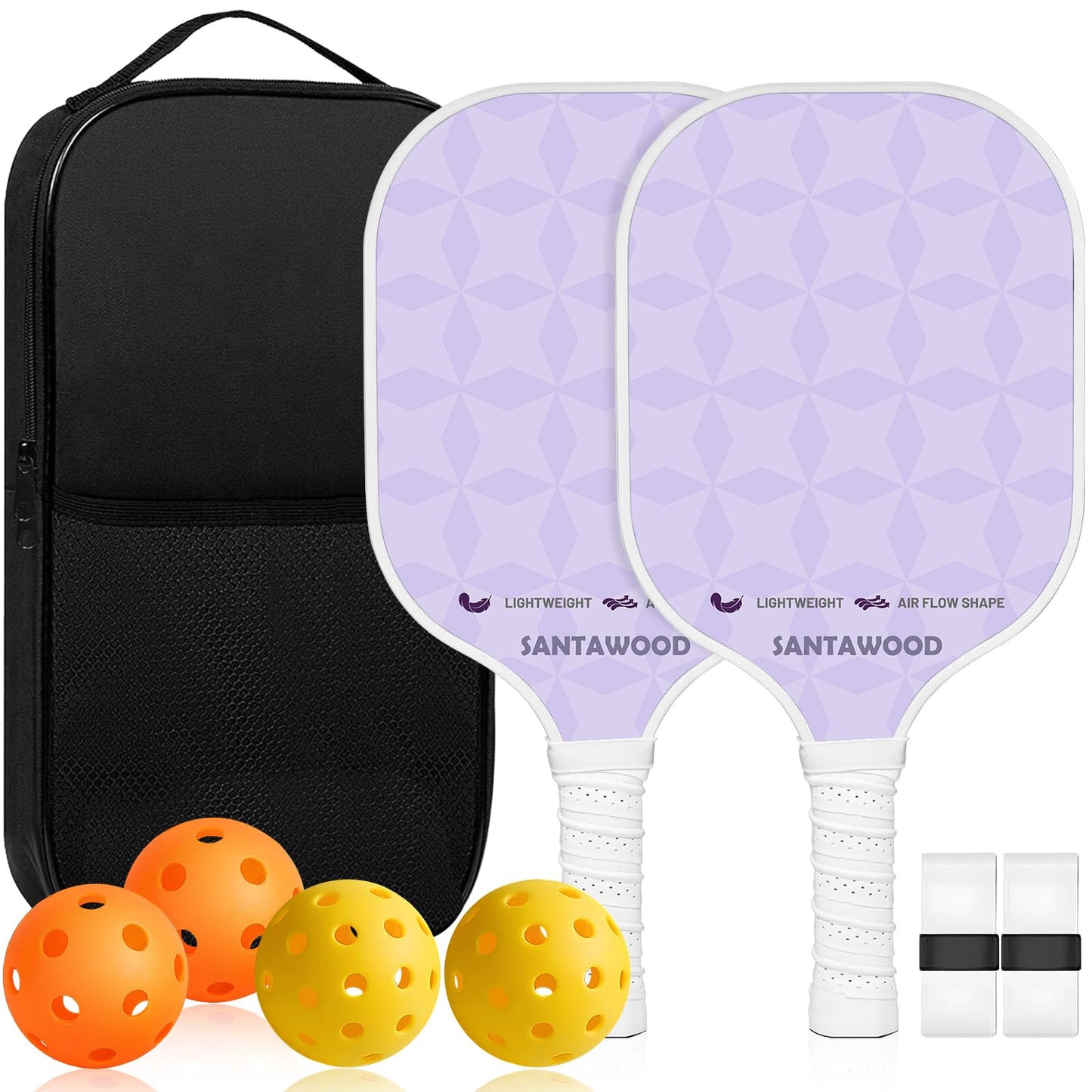 Pickleball Paddles Set of 2, Fiberglass Pickleball Racket, 2 Pickleball Rackets, 4 Balls, 2 Grip and 1 Portable Carry Bag, Aesthetic Pickle Ball Rackets 2 Pack for Men Women Beginners (Purple)