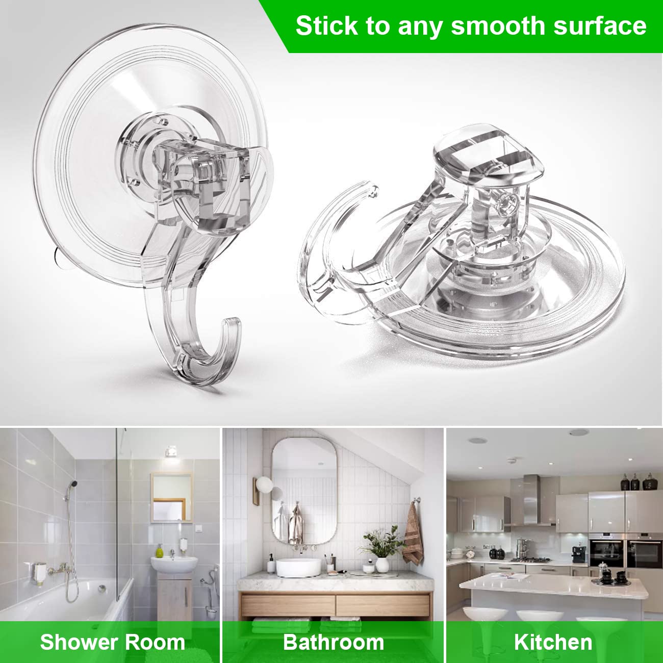 LUXEAR Suction Cup Hooks - 4 Pack Suction Hooks Reusable Powerful Waterproof - Clear Removable Suction Hanger for Christmas Wreath, Shower,Tile,Bathroom,Towel,Kitchen