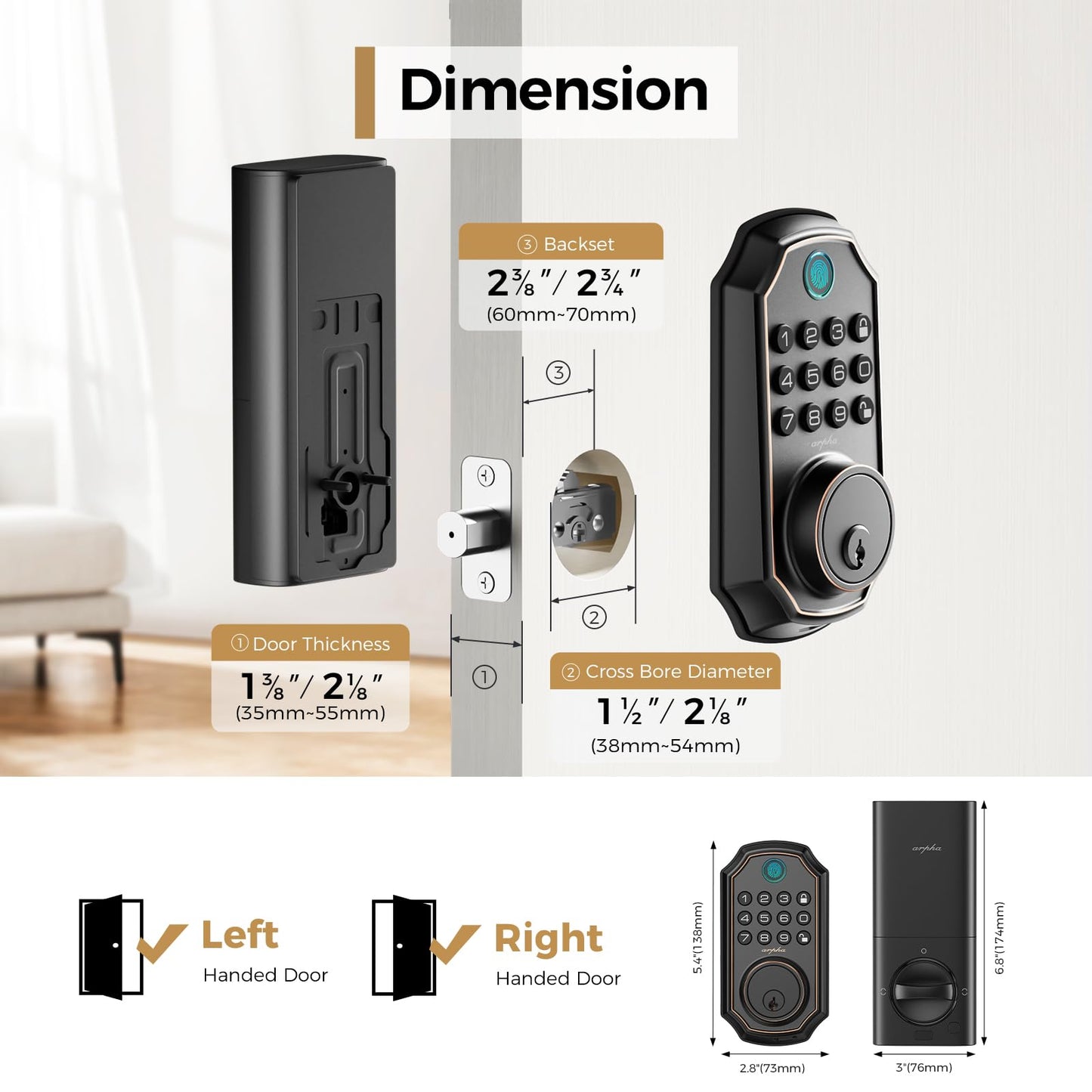 ARPHA Fingerprint Smart Door Lock - Keyless Entry Door Lock, Built-in WiFi Deadbolt with Keypad, APP Remote Control, Easy Installation (WiFi+Fingerprint+Password)
