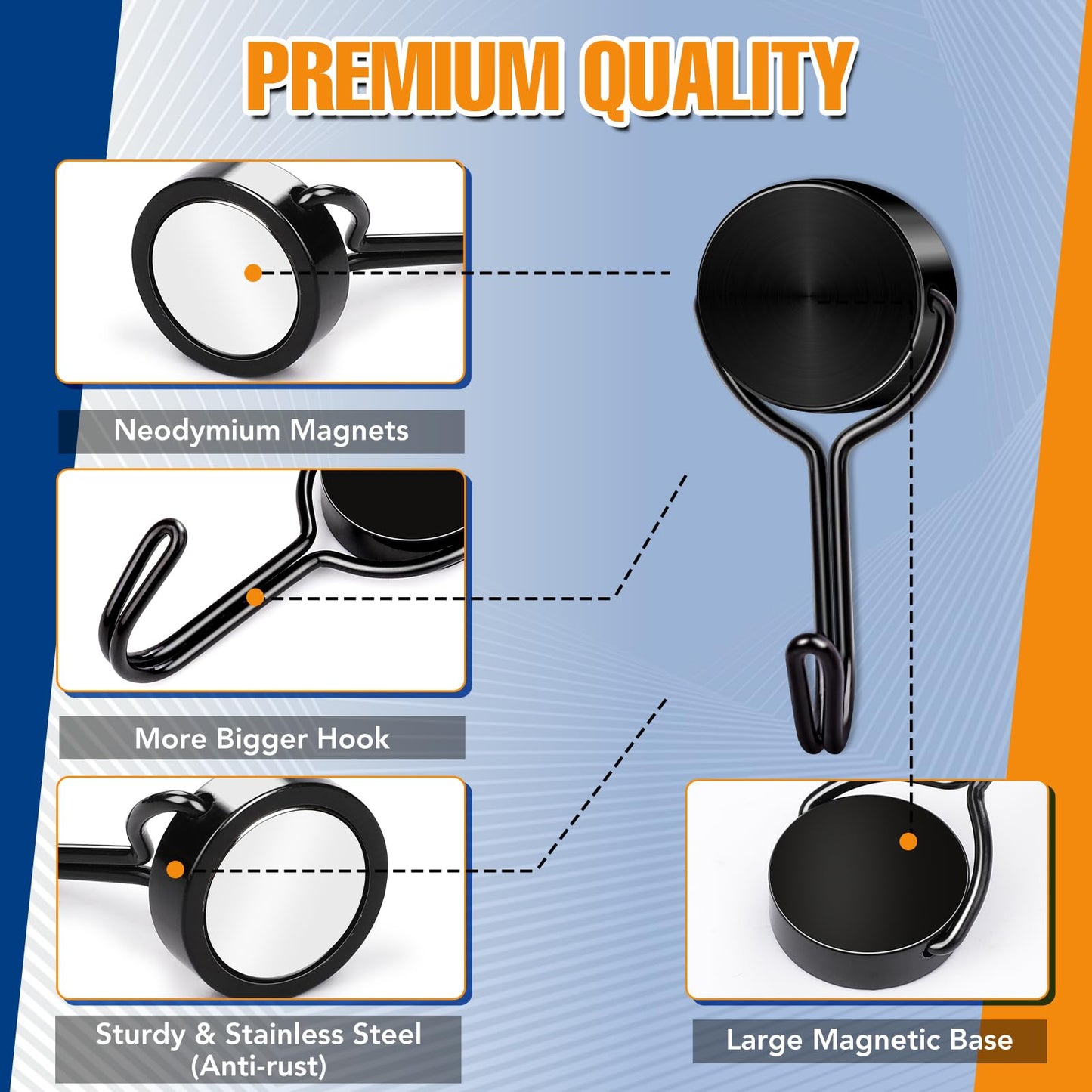 TRYMAG 80LBS Magnetic Hooks Heavy Duty, 6 Pack Strong Swivel Swing Magnetic Hooks for Cruise, Black Extra Neodymium Magnet Hook for Hanging, Magnets Hanging Hooks for Refrigerator, Grill, Locker