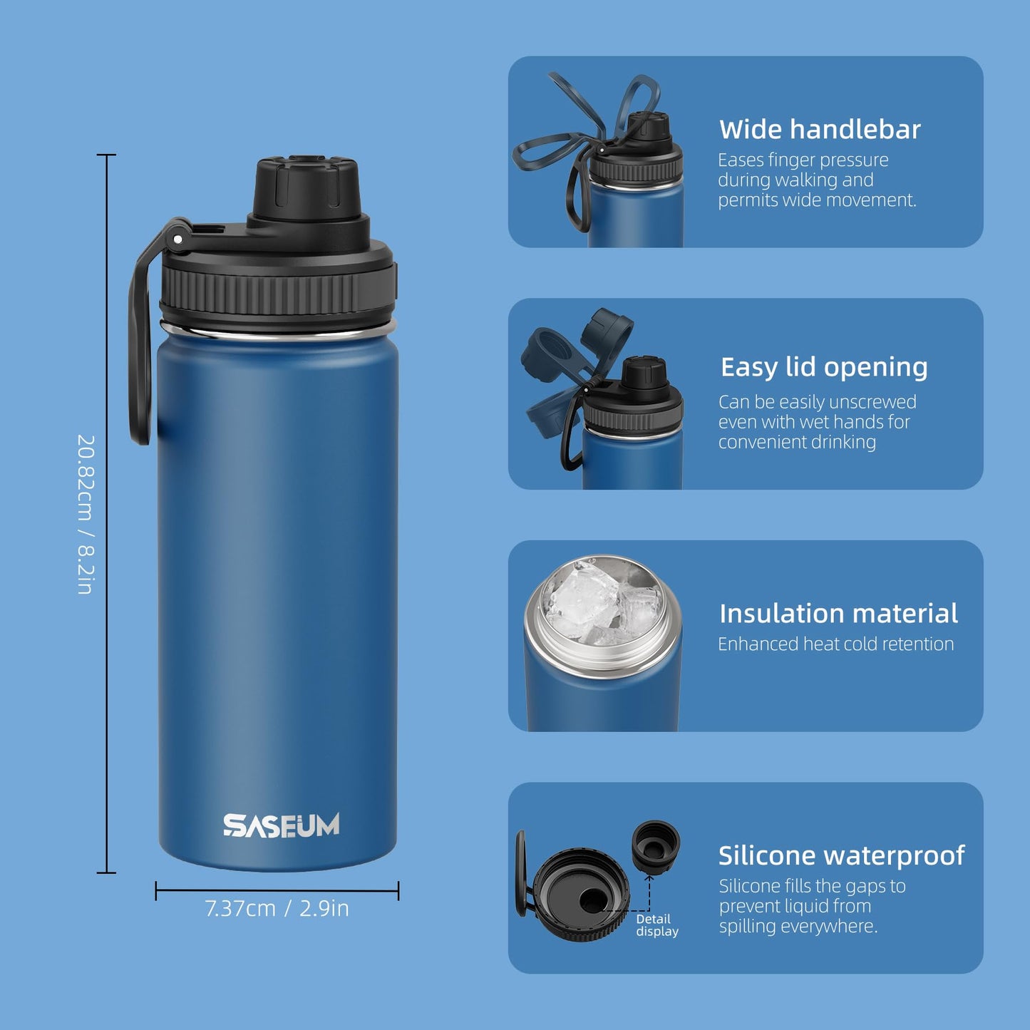SASEUM Sport Water Bottle 22oz Stainless Steel Double Wall Vacuum Thermal Mug with Leak Proof Spout Lids, Wide Mouth Metal Insulated Water Jug for Gym and Travel（Navy）