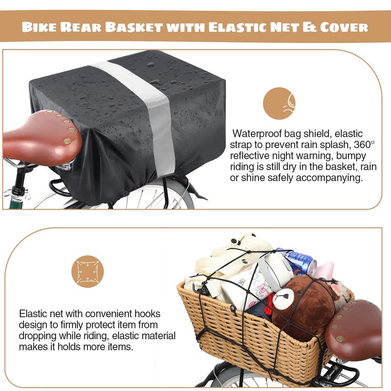 ZUKKA Rear Bike Basket Woven Bike with Waterproof Cover & Cargo Net Tail Basket Large Capacity Bicycle Basket with Installation Tools Fits for Most Rear Bike Racks