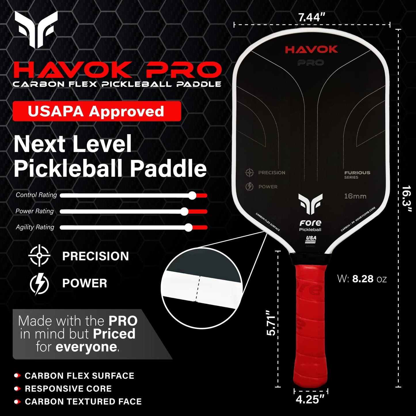 Havok Pro Pickleball Paddle: Carbon Fiber Surface for Enhanced Power, Precision and Maximum Spin - Large Sweet Spot and USAPA Approved - Red