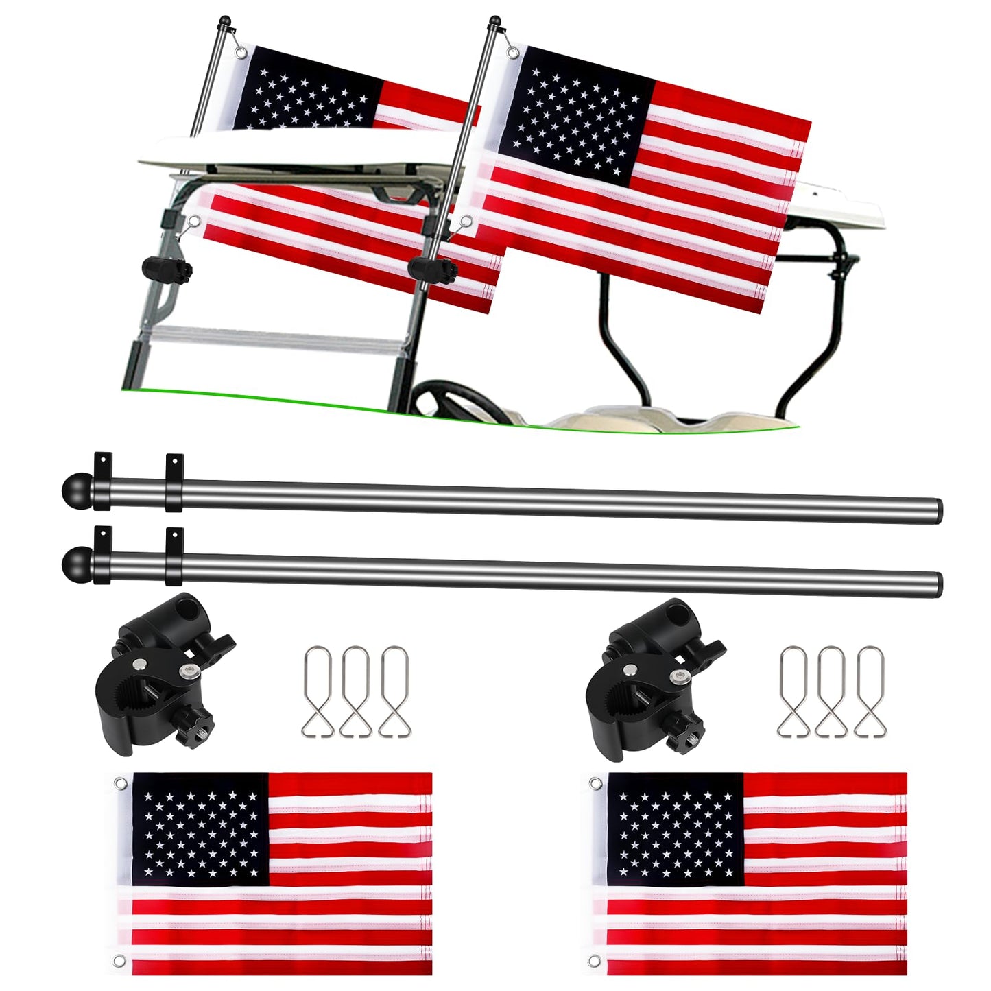 Cartalia Golf Cart Adjustable Flag Holder 2Pcs, Universal Flagpole for EZGO Club Car Yamaha, Flag Bracket for 0.59-1.18" Round/Oval Square Rails Push Cart, UTV, ATV, Included USA Flags (12"×18")