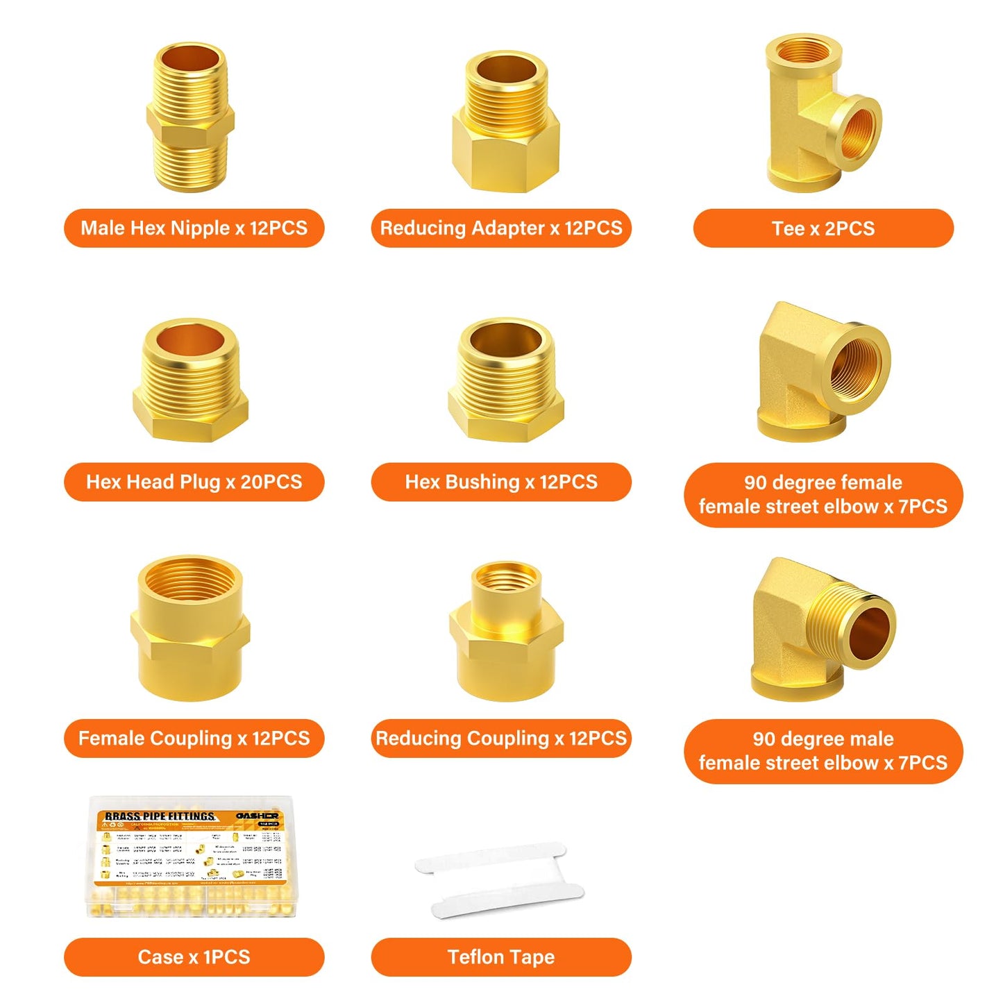 GASHER 104Pcs Brass Pipe Fittings Assortment Kit, Reducing Adapter, Hex Nipple, Female Coupling, Reducing Coupling, 90 Degree Barstock Street Elbow, Hex Bushing, Hex Head Plug and Tee Pipe Fitting