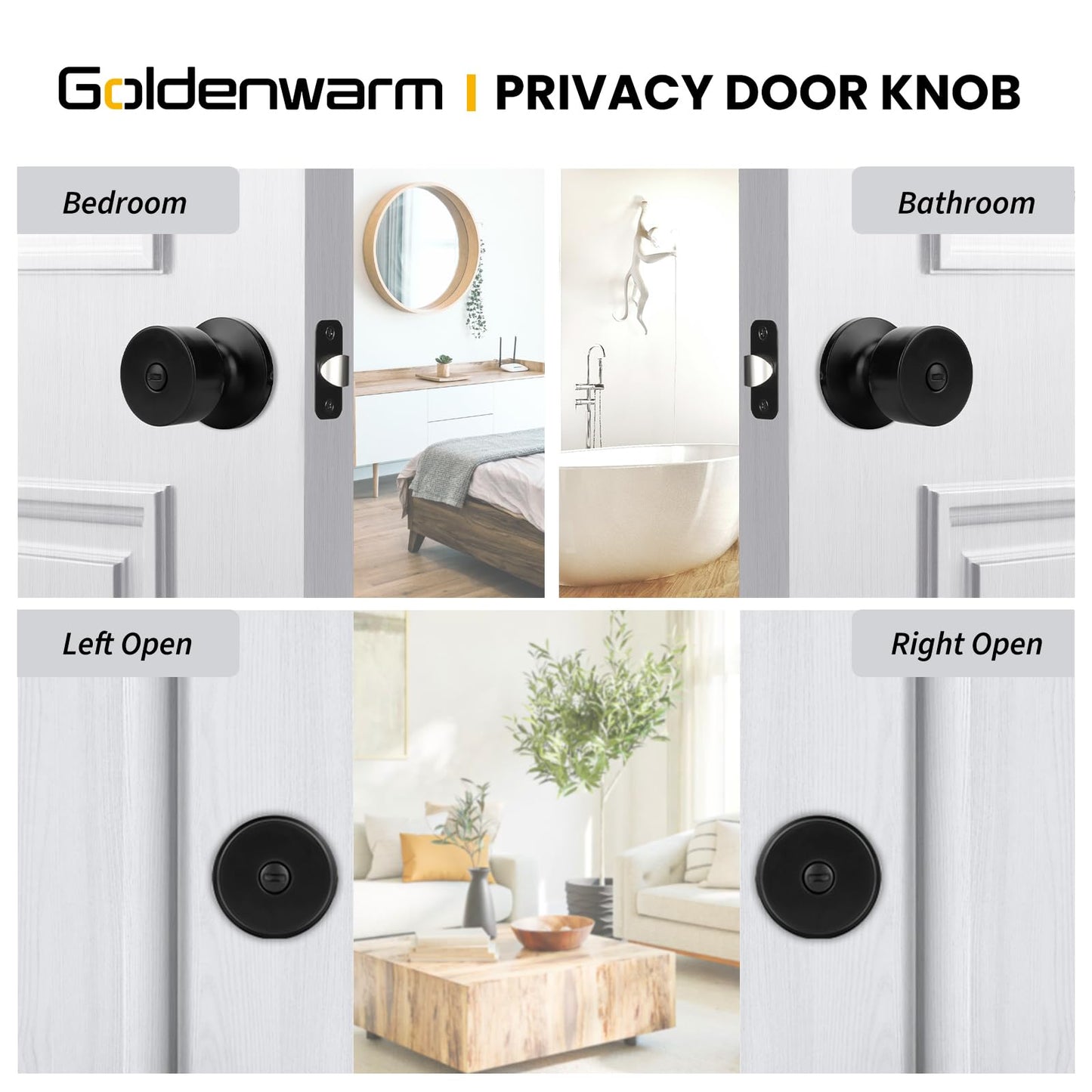 goldenwarm Black Door Knobs Interior, Privacy Door Knob Black Door Knobs Interior Bulk Matte Black Privacy Door Knobs for Bedroom or Bathroom (8 Pack)