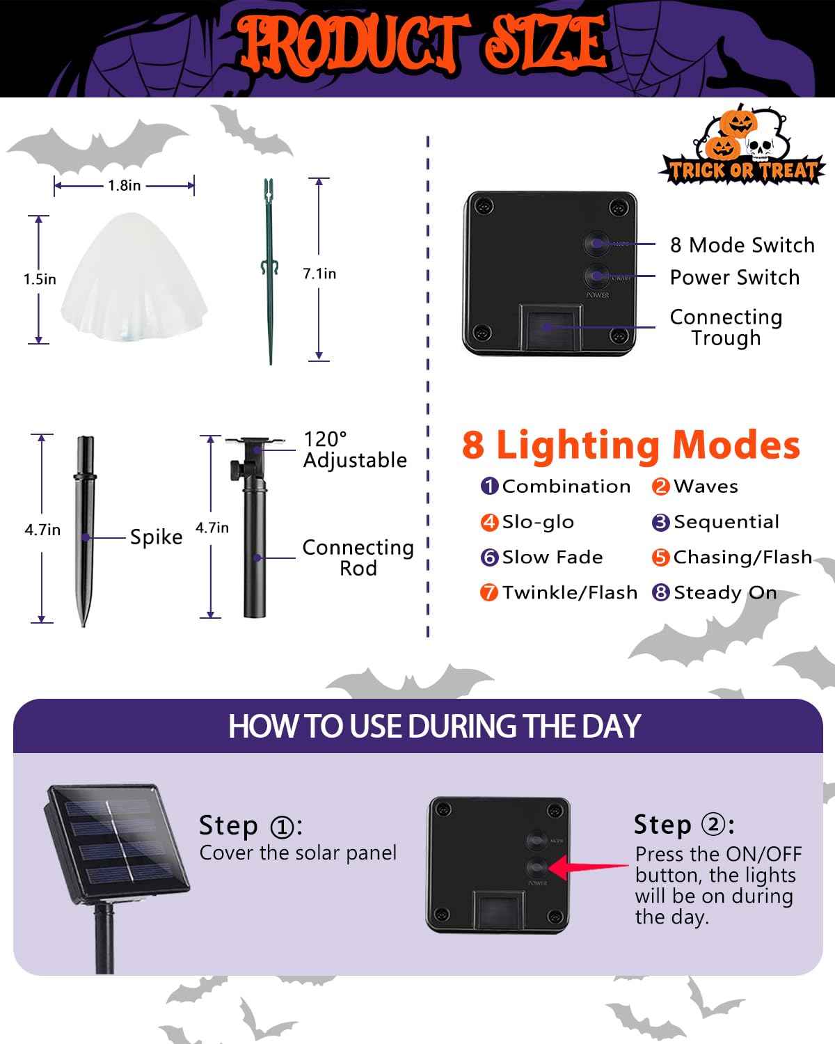 OZS 2PK 55FT 32LED Halloween Orange Purple and Green Solar Mushroom Lights Outdoor, Solar String Light with 8 Lighting Modes Auto On/Off, Halloween Garden Lights for Witch Decorations