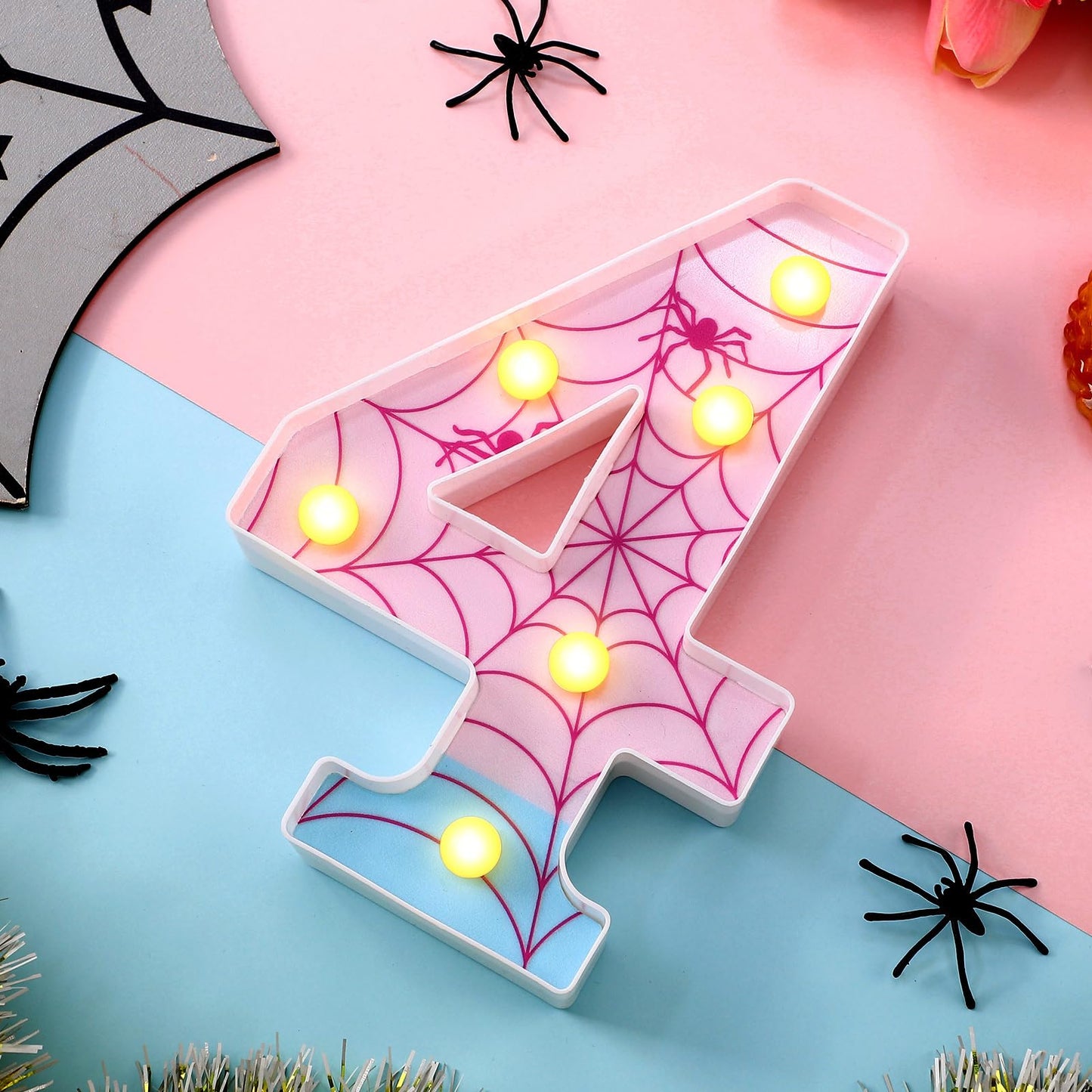 Leinuosen Spider LED Number Lights Birthday Party Decoration Pink Spider Light up Numbers Women Birthday Supplies for Marquee Night Christmas Gift Baby Shower (Number 4)
