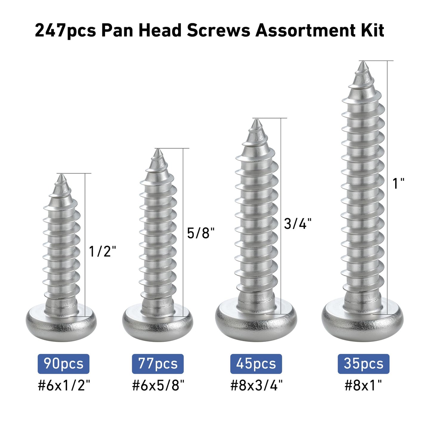 BNUOK 247Pcs Pan Head Wood Screws Assortment Kit, #6#8 Stainless Steel 304 Self Tapping Screws Set, Phillips Drive, Sheet Metal Screws
