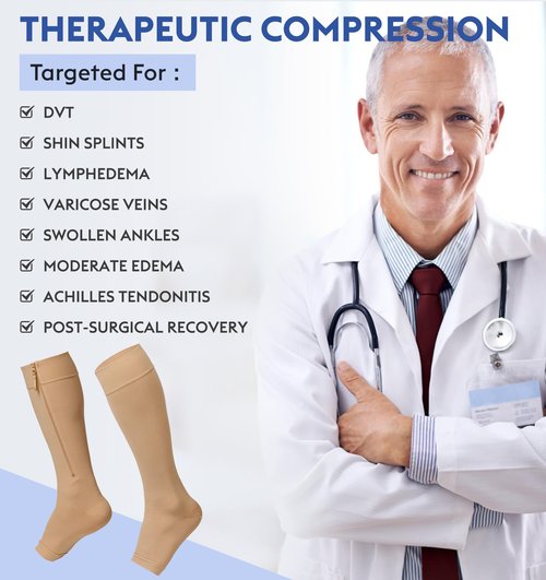 KEKING® Zipper Compression Socks for Men Women, Open Toe, 20-30mmHg Firm Support Knee High Zipper Compression Stockings for Wide Calf - Varicose Veins, DVT, Shin Splints, Edema, Nursing, Beige M