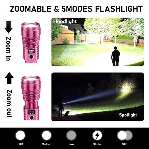 Flashlights High Lumens Rechargeable, 100,000LM LED Super Bright Flash Light, Zoomable Linternas with LCD Digital Display, 5 Mode, Waterproof, Powerful Tactical Flashlight for Emergencies Camping Gift