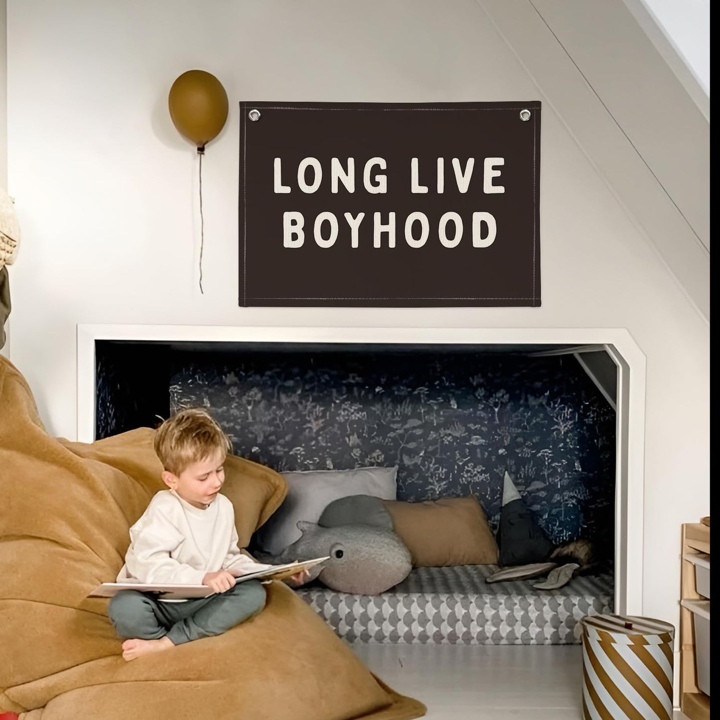 PLKMN Long Live Boyhood Banner, Boy Nursery Decor, Canvas Banner Wall Hanging Banner Flag Decor for Nursery Playroom Toddler Room, Boys Kids Room Decor (Black)
