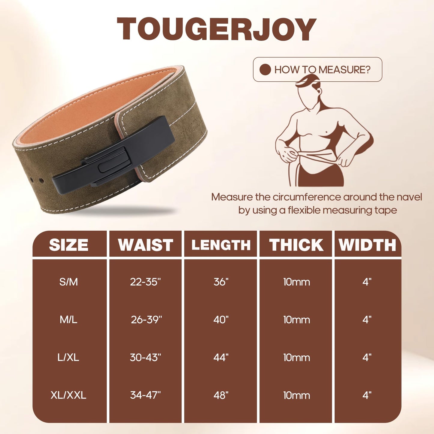 TOUGERJOY 10MM Weight Power Lifting Leather Lever Pro Belt Gym Training Black-Weightlifting Belt for Men and Women – Support Back and Core During Heavy Powerlifting Deadlifts and Squats