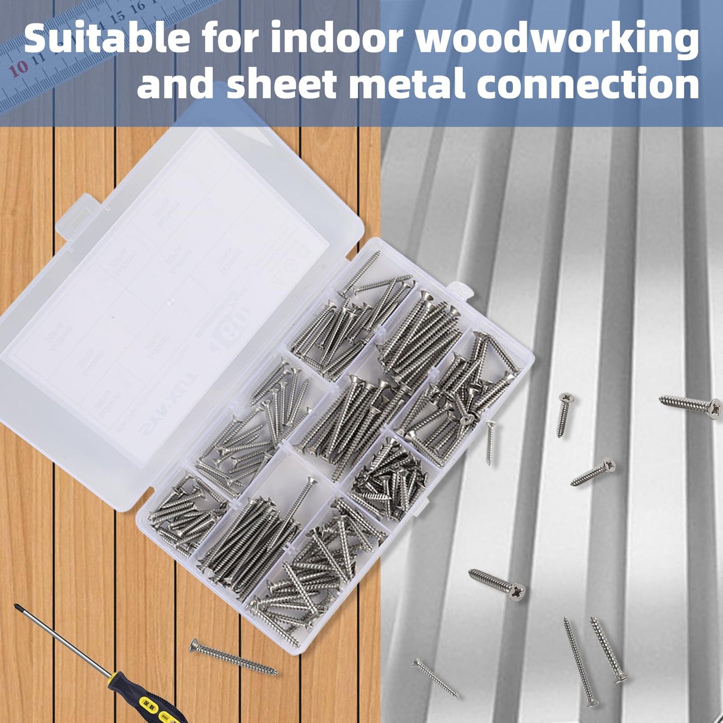 Synxut 304 Stainless Steel Wood Screws Assortment Kit,160 pcs, Phillips Drive Countersunk Head,Wood Screws,Screws,Drywall Screws,Sheet Metal Screws,Screws Set,8 Sizes M3/M4(20mm,25mm,30mm,40mm)