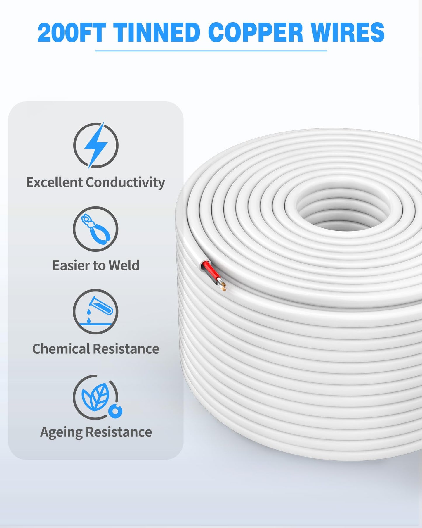 NAOVEO 16 Gauge Wire 2 Conductor Electrical Wire, 16 AWG Stranded PVC Tinned Copper Cable, Flexible/Low Voltage Automotive Wiring for LED Lamps, Marine, Speaker, Appliances (200FT)