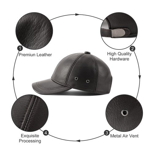 FEINION Men's Leather Hat Adjustable Genuine Leather Baseball Cap (Dark Brown)
