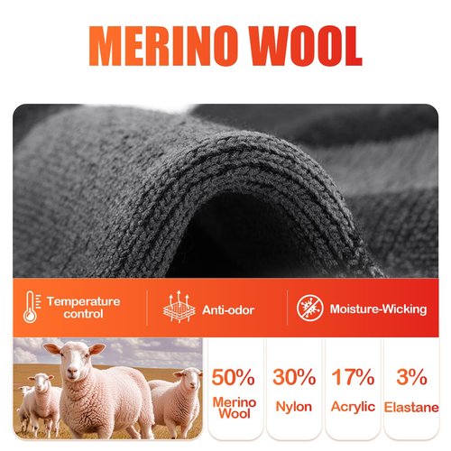 kaciixaa Merino Wool Thermal Socks for Men & Women, 3 Pairs Cushioned Moisture Wicking Crew Boot Socks for Work & Outdoors[Black,L]