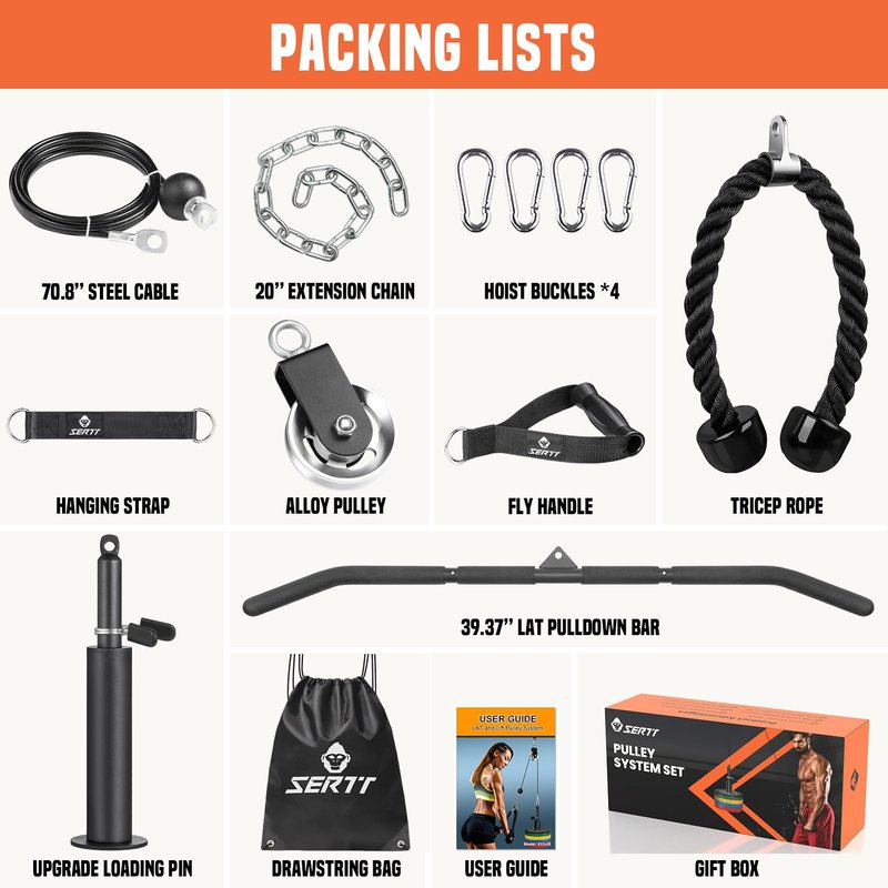 SERTT Cable Pulley System Gym, Power Rack Pulley Attachment with 2-in-1 LAT Pull Down Bar and Upgraded Loading Pin,Used for Triceps Pulldown, Biceps, Back, Shoulder