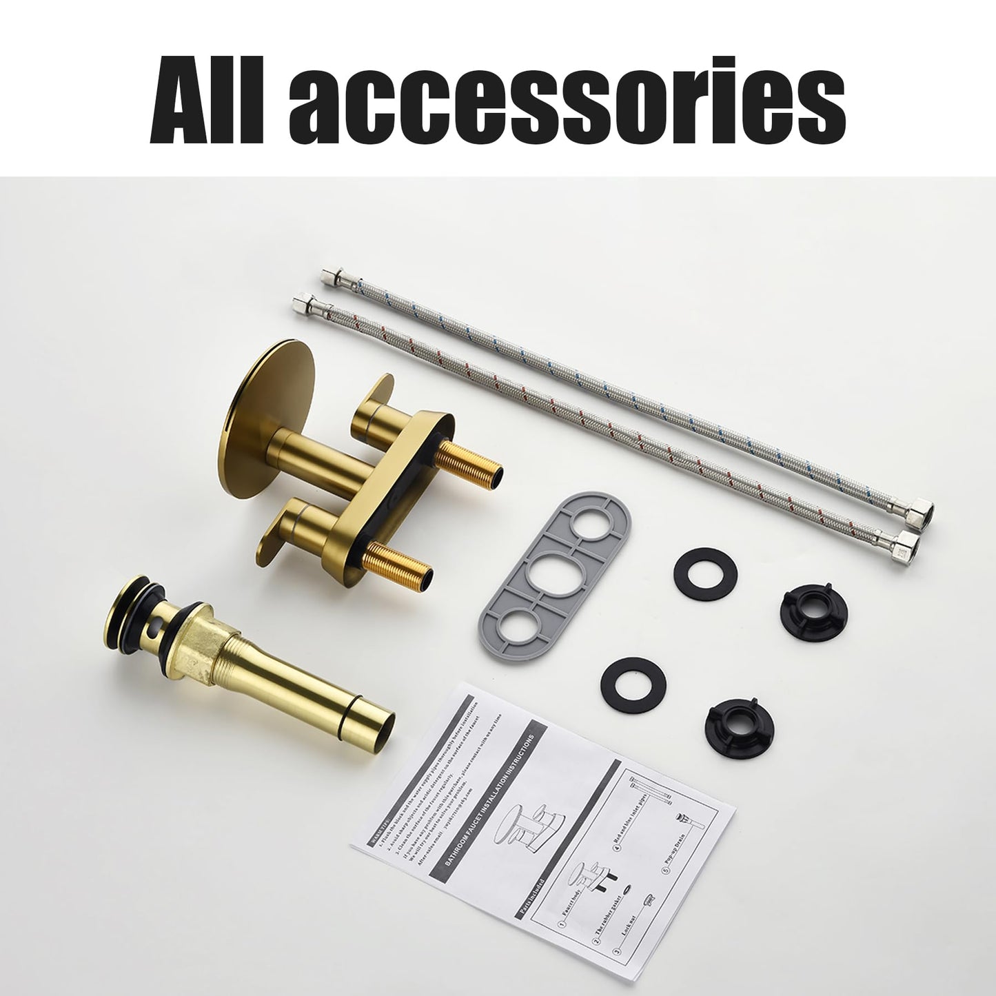 Brushed Gold Bathroom Sink Faucet 3 Hole，Waterfall Bathroom Faucet 4 Inch Centerset with Pop-Up Drain，2 Handle Stainless Steel Faucets for Bathroom Sink Vanity RV