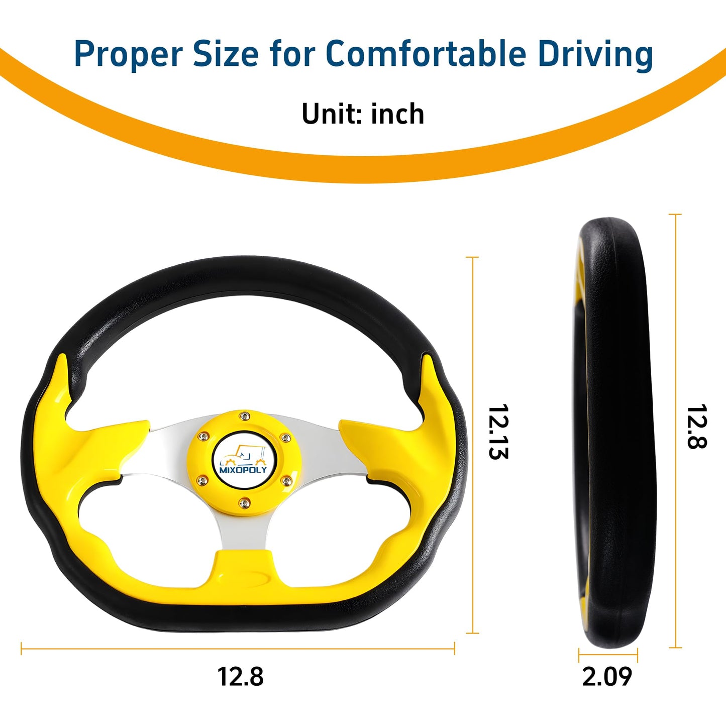 Mixopoly 12.5" Universal Golf Cart Steering Wheel fits Club Car DS/Precedent/Onward/Tempo, Yamaha, and EZGO TXT/RXV Golf Cart, Anti-Slip and Good Grip (D-Shape, Yellow)