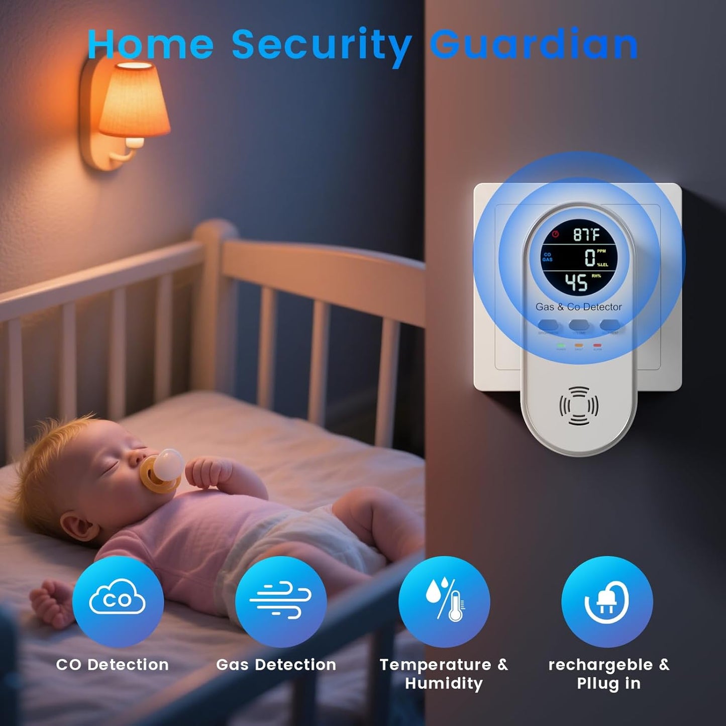 5-in-1 Carbon Monoxide & Natural Gas Detector with Temperature & Humidity Sensor - Battery Backup, LED Display, Sound & Light Alerts for Home & Hotel