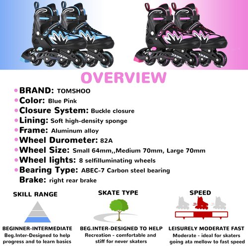 TOMSHOO Adjustable Inline Skates for Kids Outdoor Roller Skates with Full Light Up Wheels Fun Illuminating Skates for Girls and Boys Gift (Pink, Medium - Big Kid (13C-3))