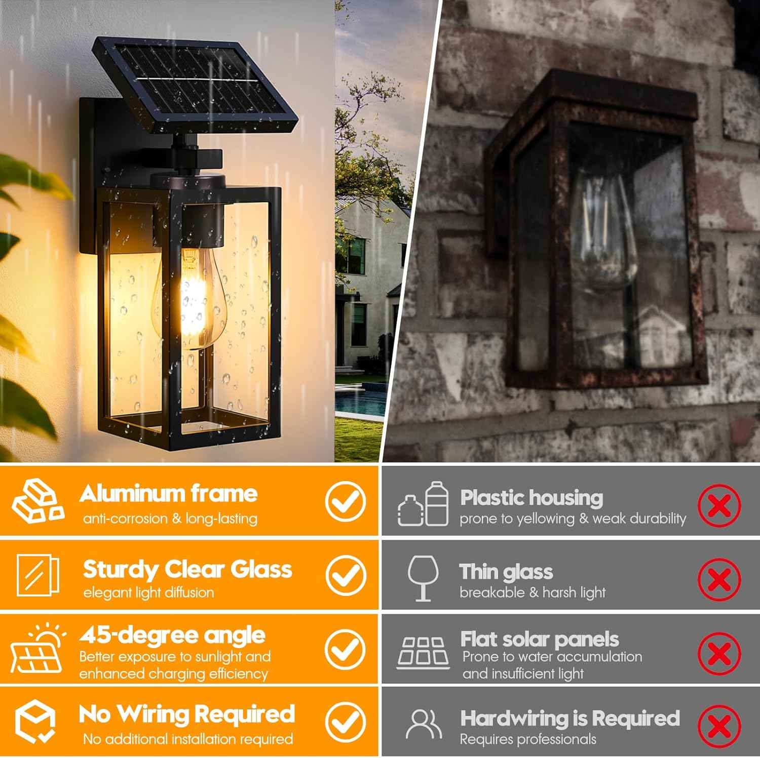 Solar Wall Lights Outdoor - 2 Pack All-Metal Dusk to Dawn Lanterns, Waterproof Porch & Patio Lighting