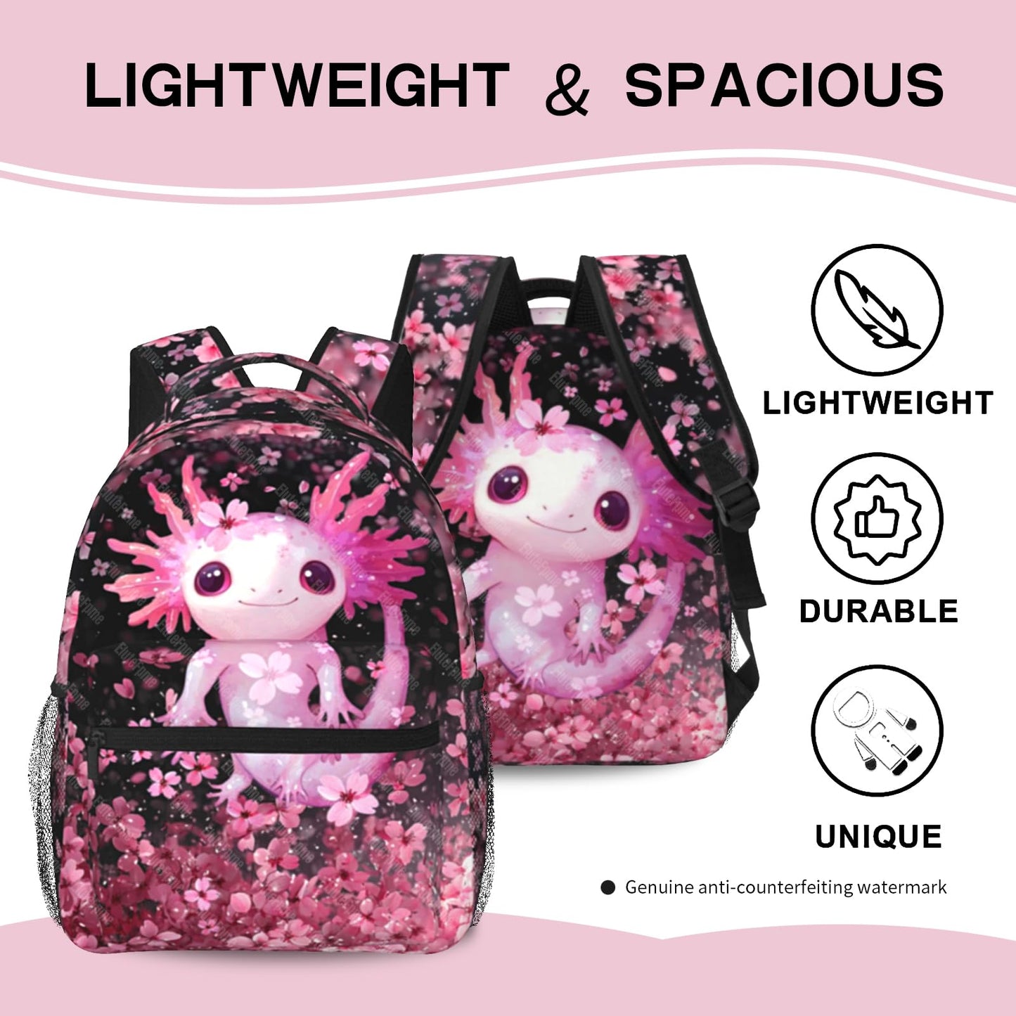 Axolotls Backpack for Girls Cute Axolotls School Backpack For Kids Lightweight Adjustable Elementary Middle School Students Bookbag Travel Back Pack for Children Teens Age 6-18