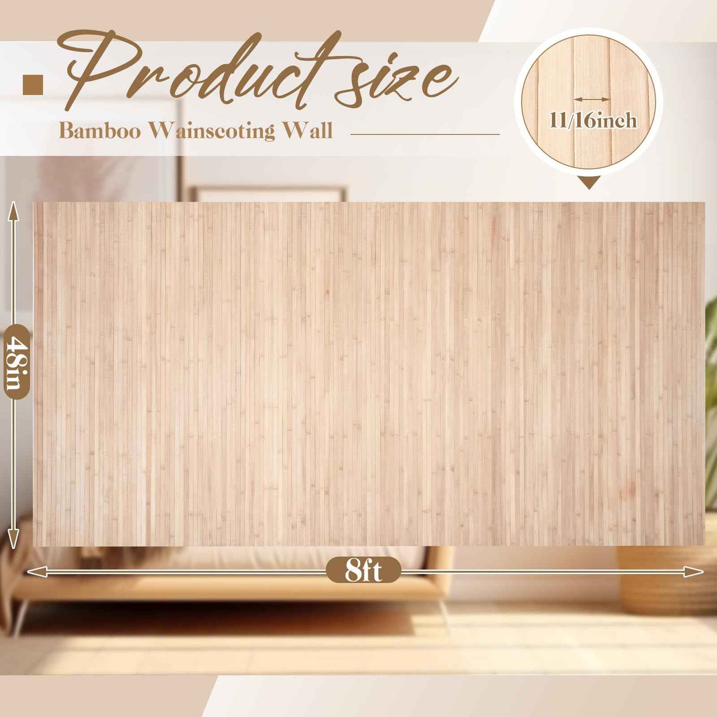 Juexica 1 Pcs Natural Bamboo Wall Panel for Interior Wall 48'' x 96'' Bamboo Covering Renewable Pole Wainscoting Room Divider Decor for Bedroom Living Room Kitchen Island Office (Light Carbonized)