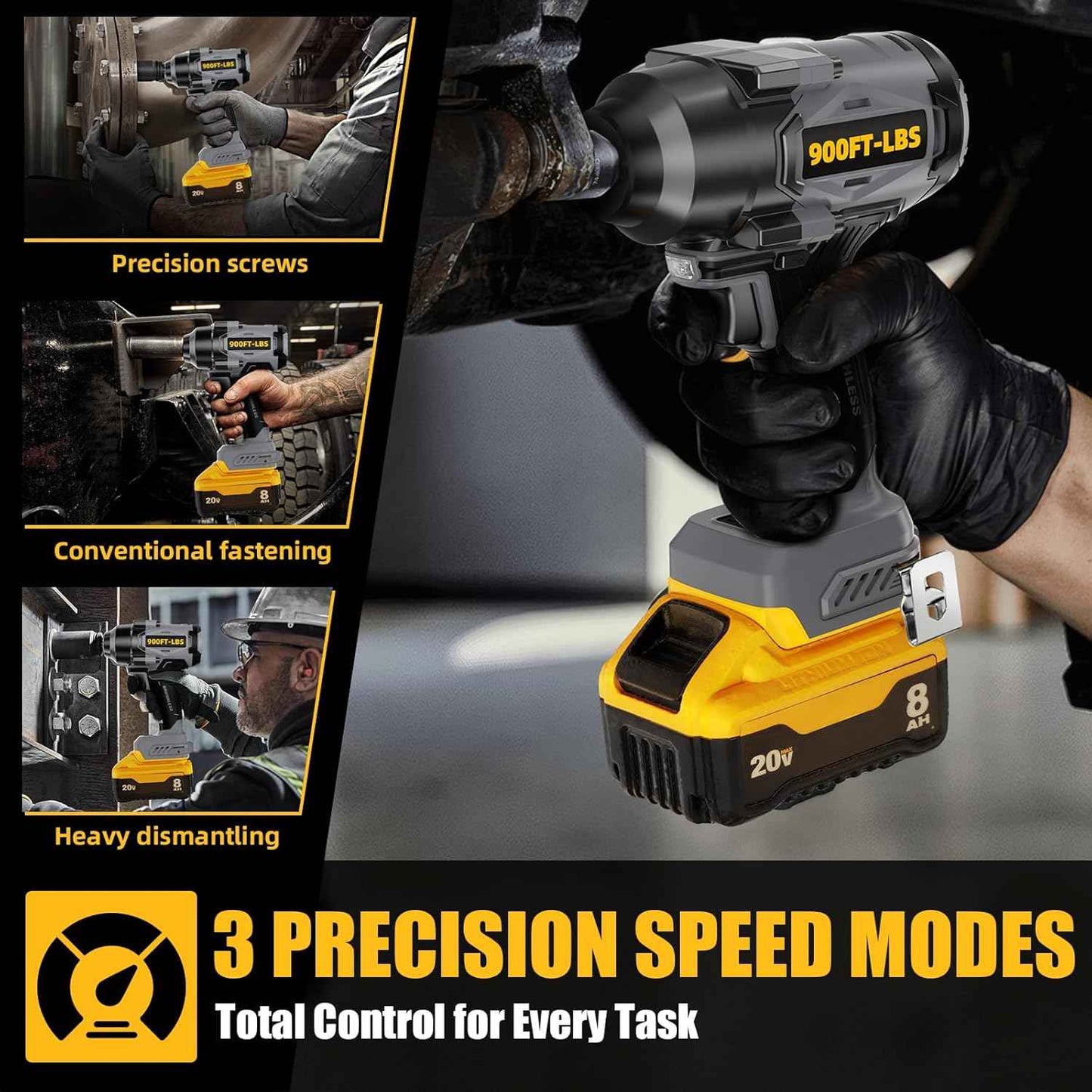 High Torque 1/2” Cordless Impact Wrench - 900 Ft-lbs Brushless, 3-Speed, DeWALT 20V MAX Compatible