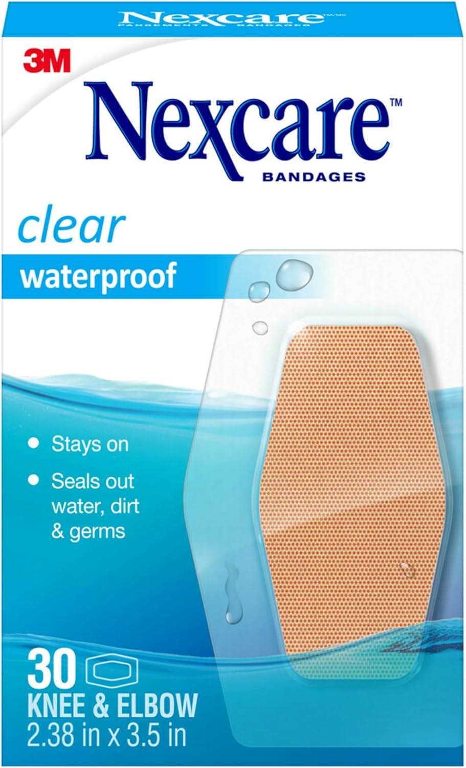 Nexcare Waterproof Clear Bandages - Stays On Skin in Water | 2.38 x 3.5 in, 30 Count