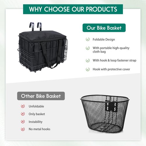 Large Capacity Folding Bike Basket Front/Rear, Heavy Duty Bicycle Basket with Removable Liner Bag, Deformation Resistant and Easy to Install (Bike Basket Front)