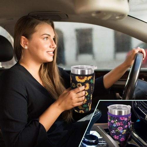 Reusable Iced Coffee Cup Sleeve Neoprene Insulated Sleeves Cup Holder with handle Idea for 30oz - 32oz Tumbler Cups, Protein Shake Bottles(Only Cup Sleeves)(Bright Floral)