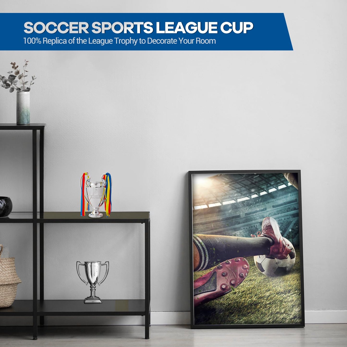 Emaraxy Champions Trophy, 6.3 Inch Sports League Cup, Soccer Trophy with Resin Replica for Electroplating Process, Soccer Sports League Cup with Ribbon for Room Decorations and Fan Gift