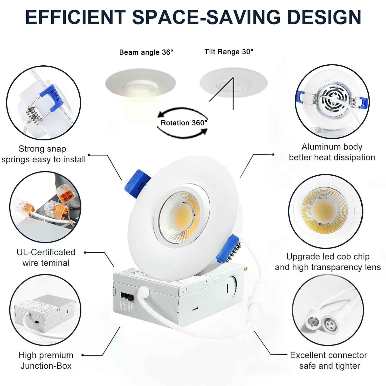 LULIT 6 Pack White 3-inch 5 CCT Gimbal LED Recessed/Downlight Color Selectable 2700K/3000K/3500K/4000K/5000K 800Lm 10W 120V Dimness Adjustable LED Lights