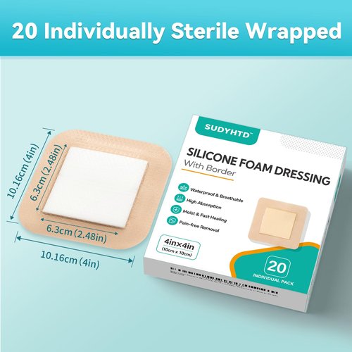 20 Pack Silicone Foam Dressing 4"x4" Gentle Border, Waterproof Silicone Bandages for Wounds Care, Super Absorbent Wound Dressing, Bed Sore Patches, Self Adhesive Pressure Sore Pads