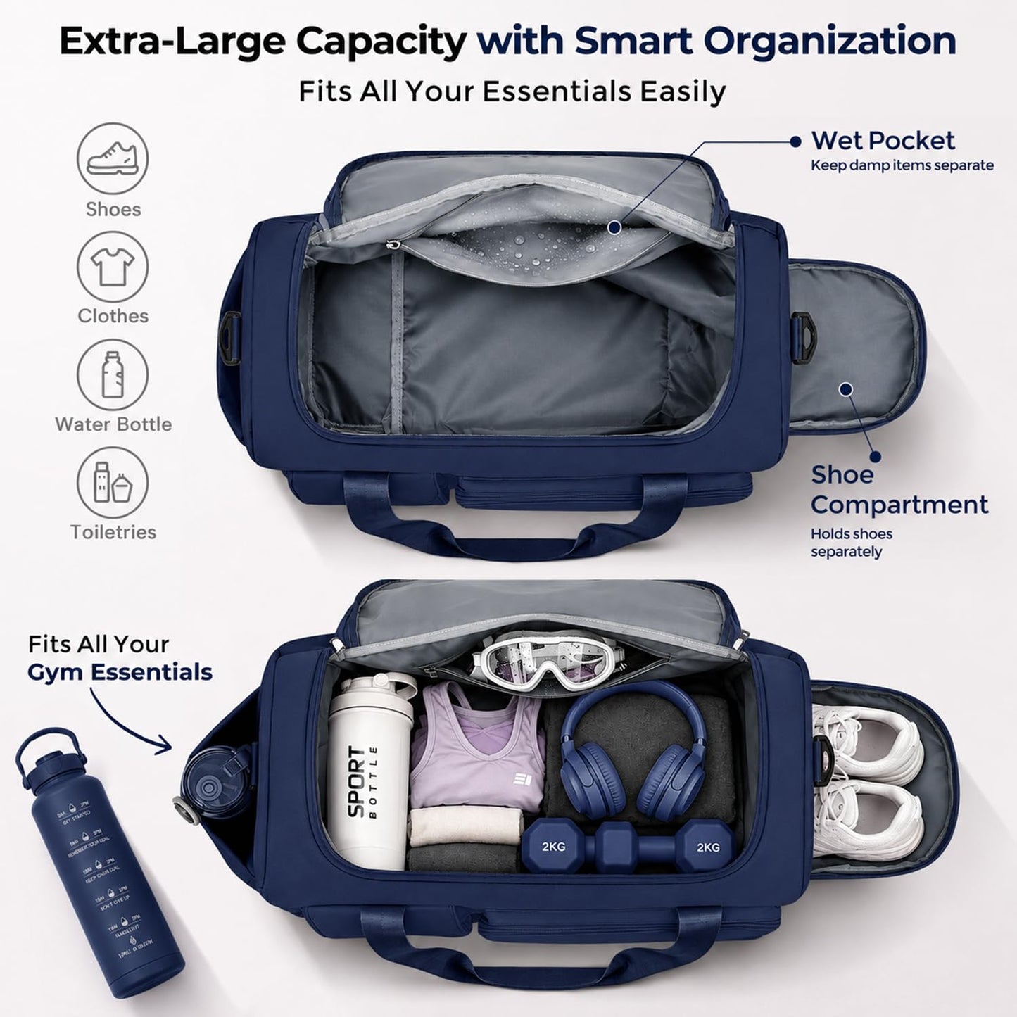 FIORETTO Women's Gym Duffle Bag with Shoes Compartment, 30L Capacity, Ideal for Travel, Gym, Sports, Duffel, Weekender, Navy Blue
