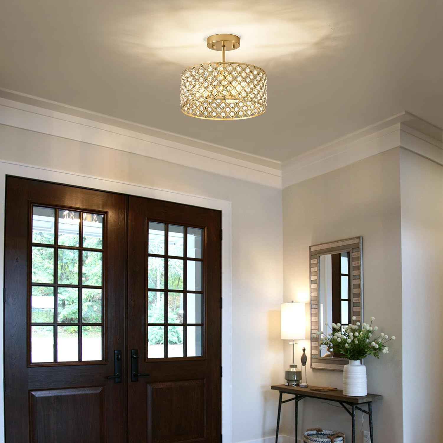 Modern Black Crystal Semi Flush Mount Ceiling Light Fixture - 11.2" Round Chandelier for Dining Room, Hallway, Kitchen & Bedroom
