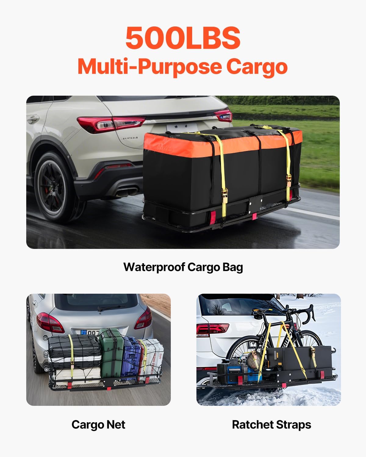 VEVOR Hitch Cargo Carrier - 500 lbs Capacity with Waterproof Cargo Bag & Net | 60"x20"x6" Folding Design for SUVs