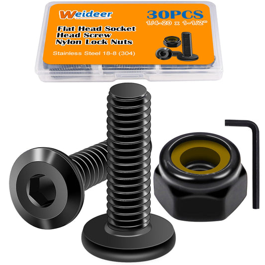 weideer 30pcs 1/4-20 x 1-1/2" Nuts and Bolts Kit, Stainless Steel 18-8 (304) Flat Head Hex Socket Cap Furniture Bolts,Nylon Insert Hex Lock Nuts with Hex Spanner