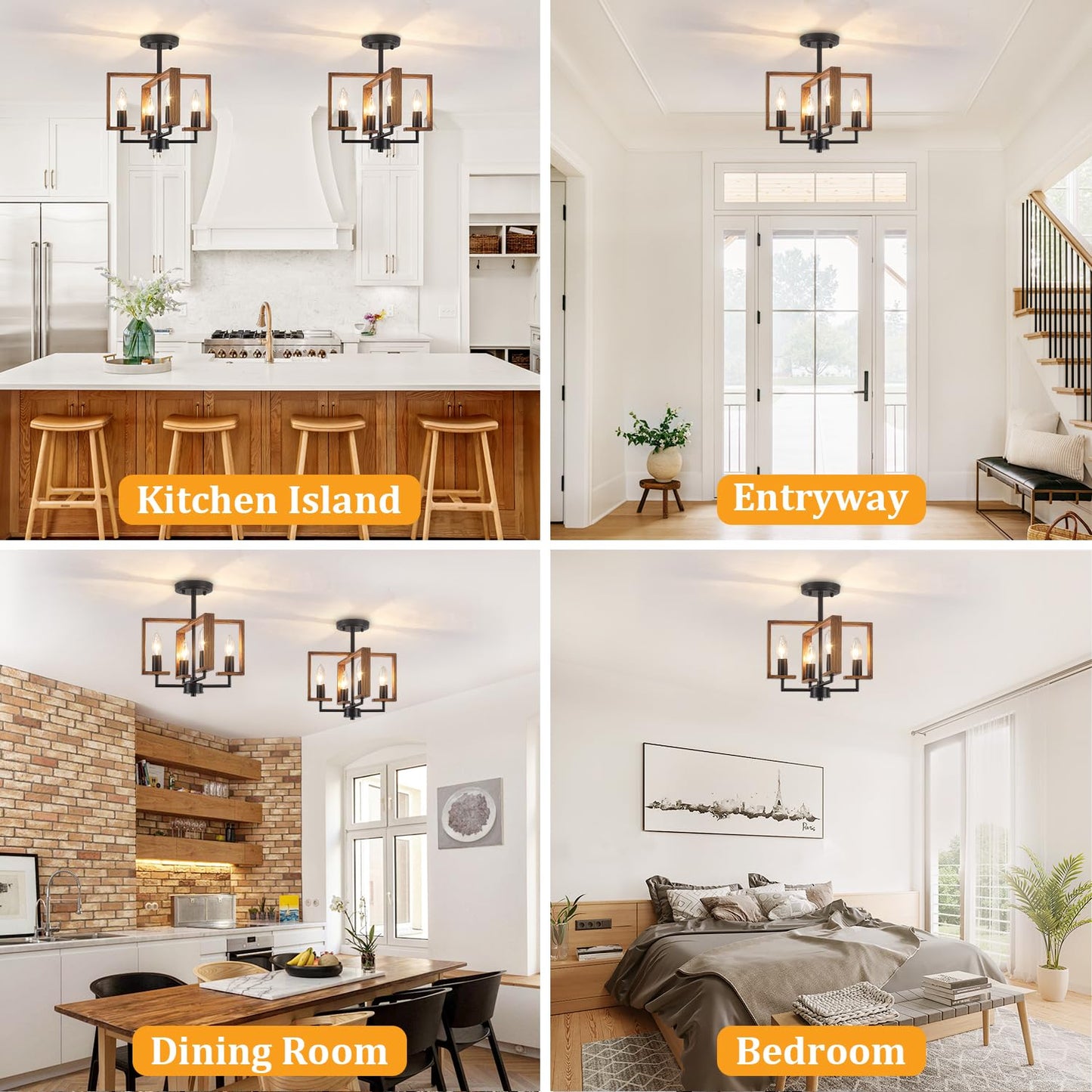 4-Light Semi Flush Ceiling Light, Farmhouse Ceiling Light Fixture Wood Hallway Light Fixture for Kitchen Island Dining Room Entryway Laundry Room Bedroom