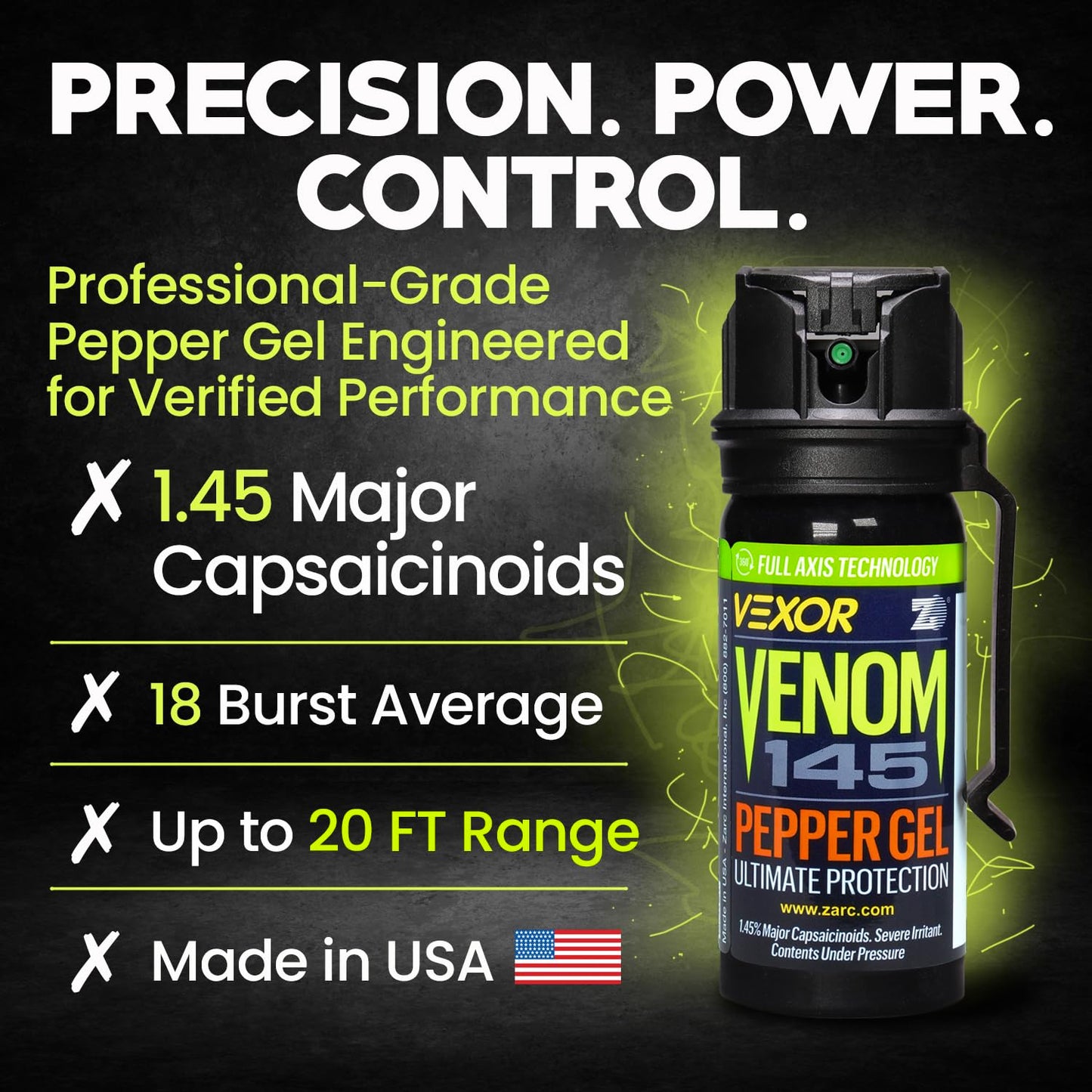 VEXOR Venom Pepper Gel Spray, 1.45% Major Capsaicinoids, Up to 20 ft Range, 18 Bursts, Belt Clip, Made in USA, 1 Pack, 1.8 fl oz