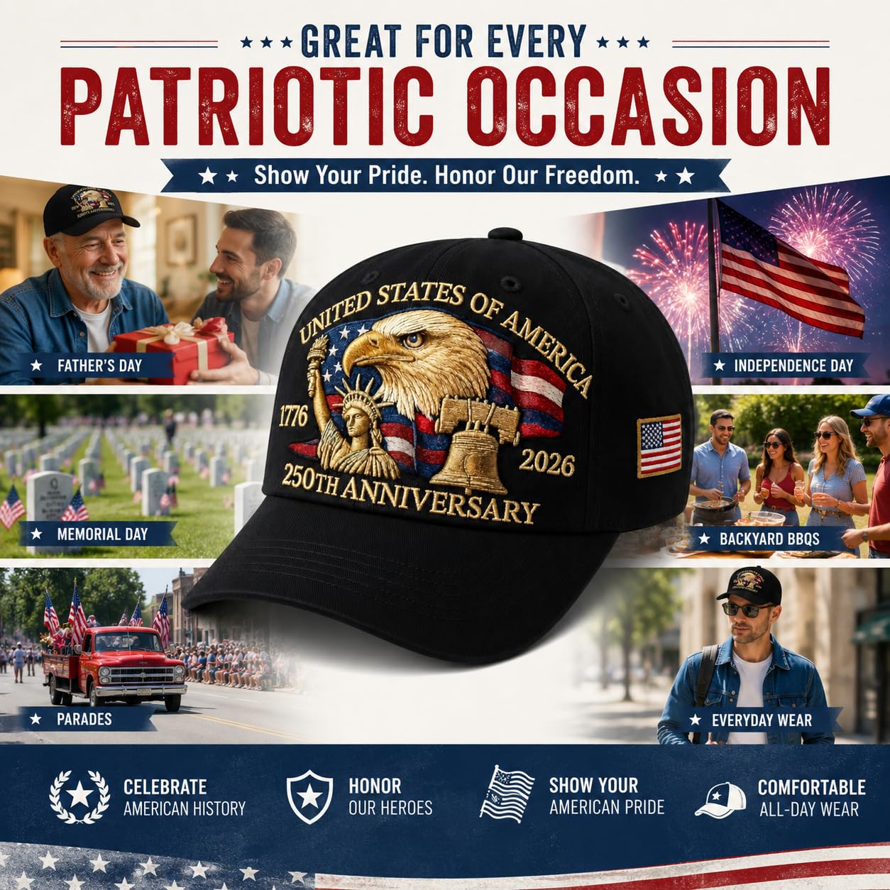 250 Anniversary USA Hat, Patriotic Embroidered Baseball Cap, for Dad, Patriot Cap 1776-2026 Black