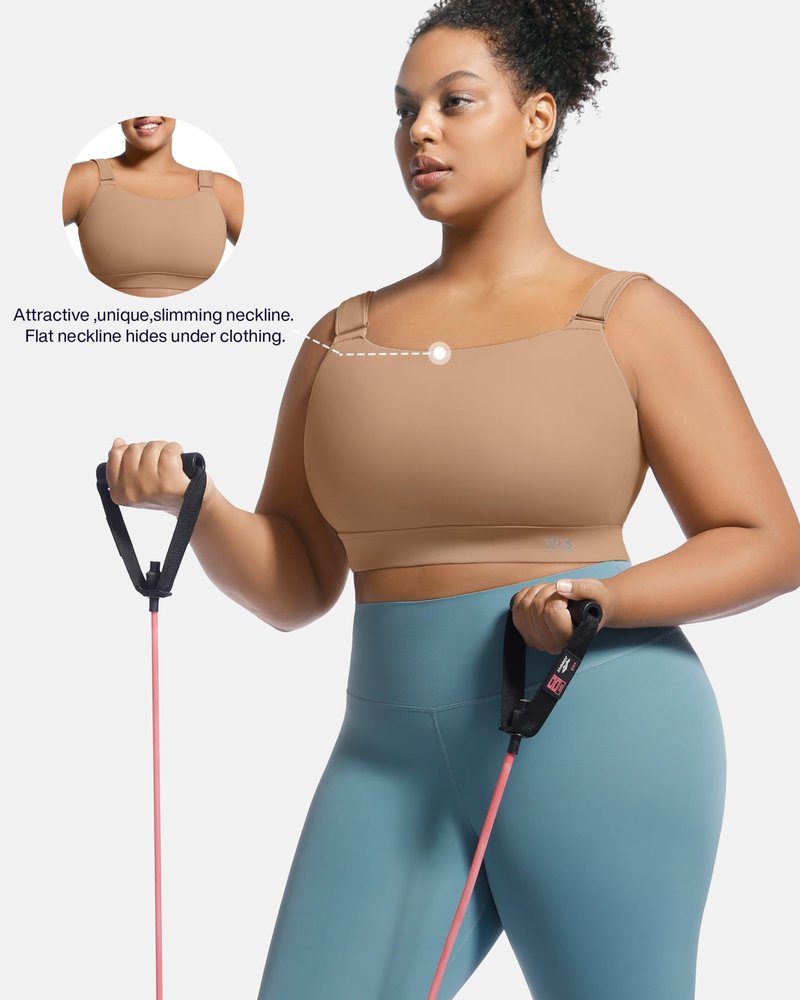 VFUS Women's Sports Bra Wirefree Adjustable Medium-High Support Everyday Wear for Large Bust Plus Size with Removable Pads (Large, Latte Brown)