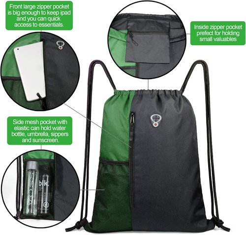 BeeGreen Drawstring Bag - Large Cinch Sackpack with Zipper & Water Bottle Mesh Pockets | Black/Green