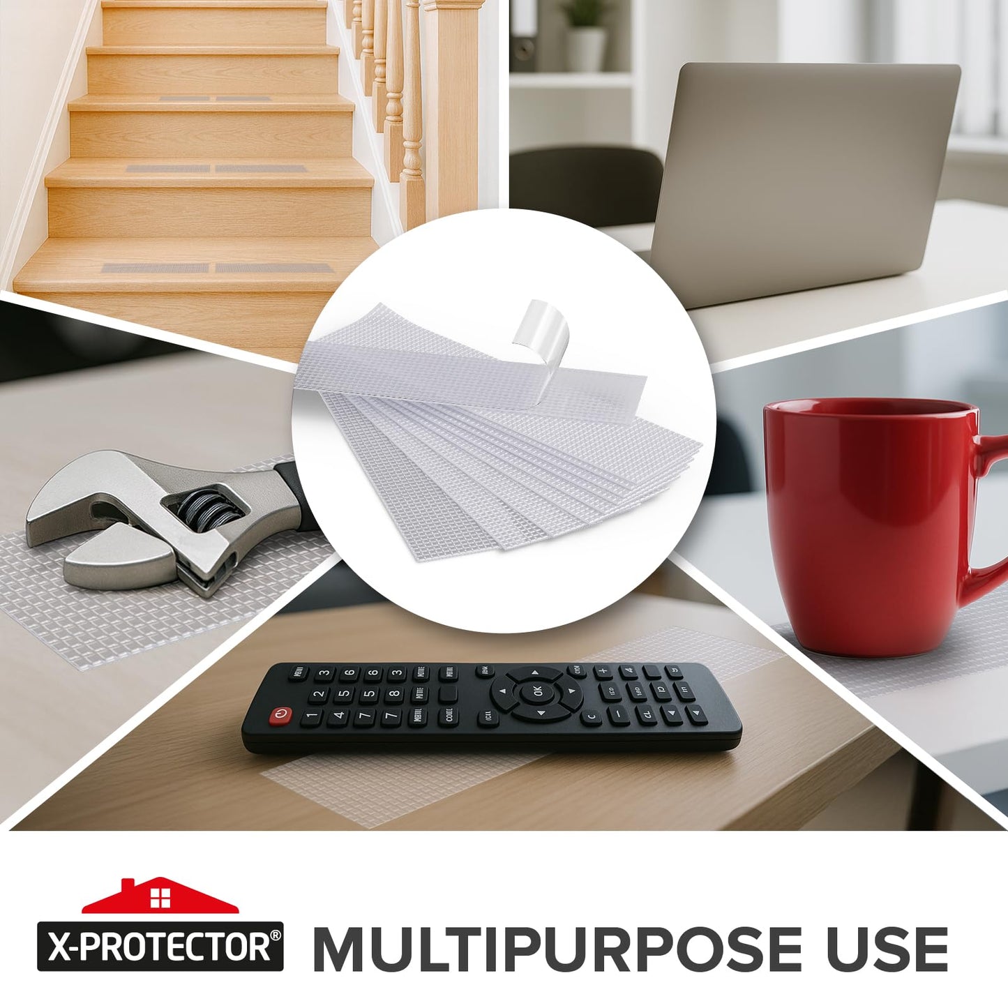 X-Protector Rubber Grip Tape Strips - 10 PCS Pack of Non-Abrasive Grip Stickers - 2"x8.5" Heavy-Duty Non Slip Adhesive Strips - Clear Waterproof Rubberized Grip Tape for Handles!